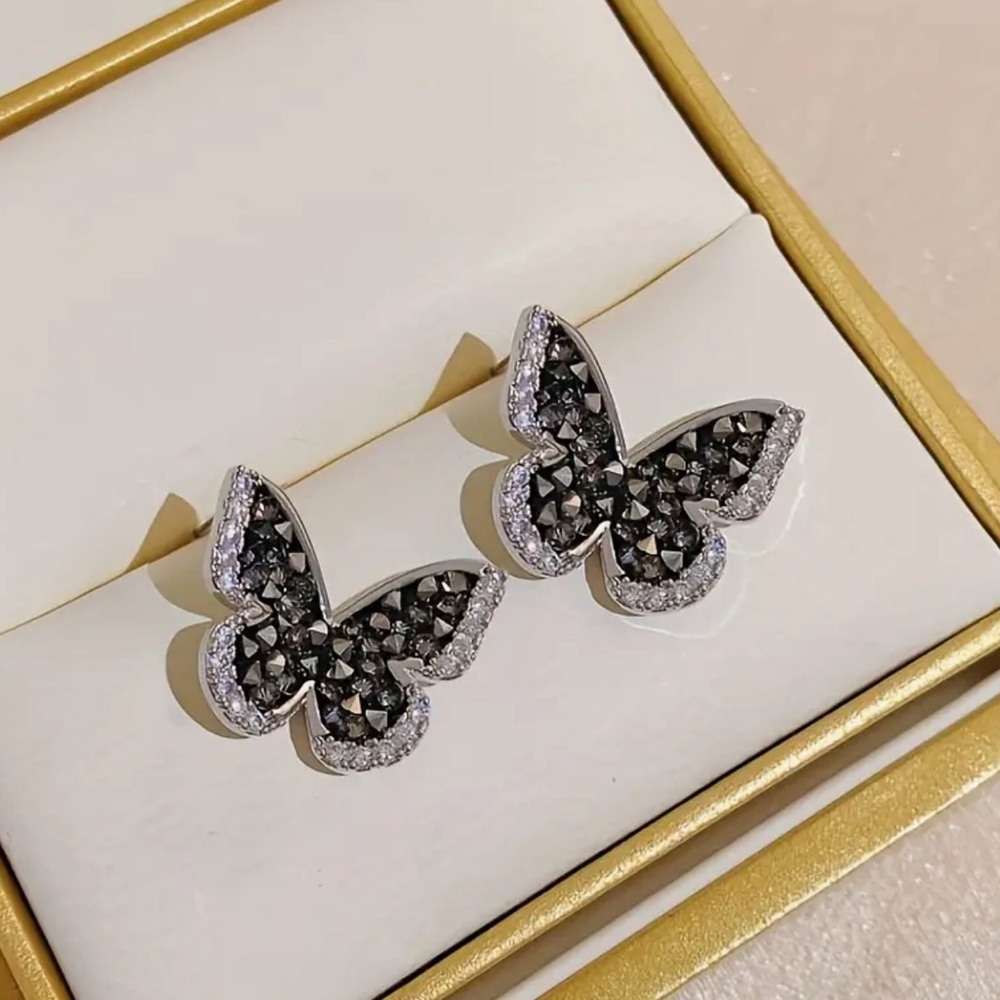Black Rhinestone Butterfly Stud Earrings, Black Butterfly Earrings